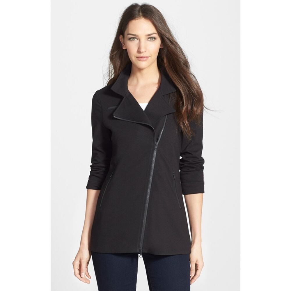 Eileen Fisher Medium Knit Moto Jacket Black Cotton Blend Asymmetrical Zipper